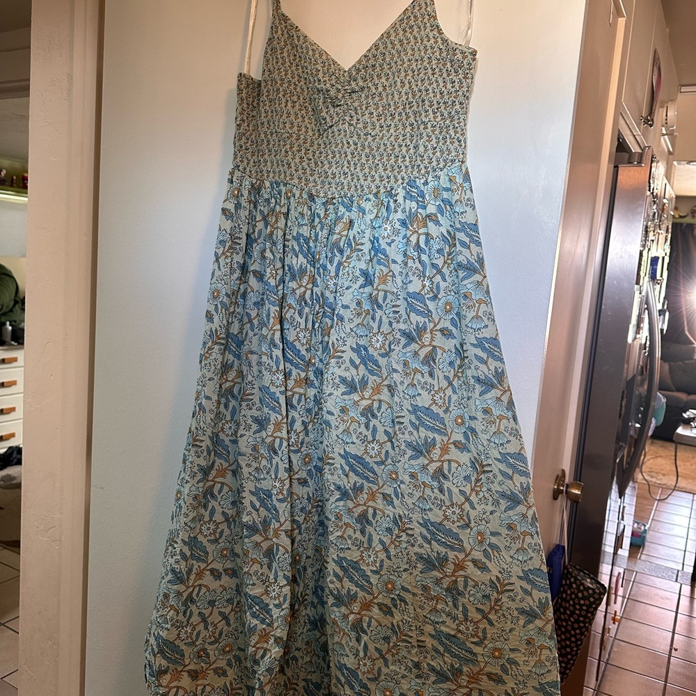 Blue Floral Maxi Sundress with Smocked Bodice